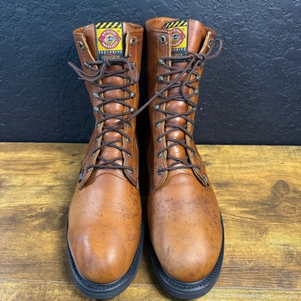 Justin Original Workboots 760 Tan Leather Lace‎ Up Work Boots Mens 12D